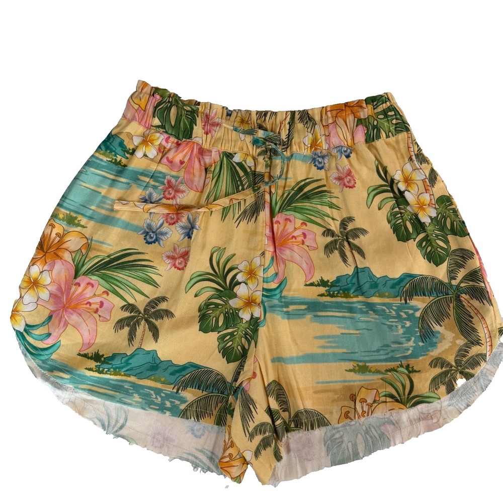 Shore Tropical Hawaiian‎ Linen Blend Shorts Yellow Floral Beach XS Drawstring